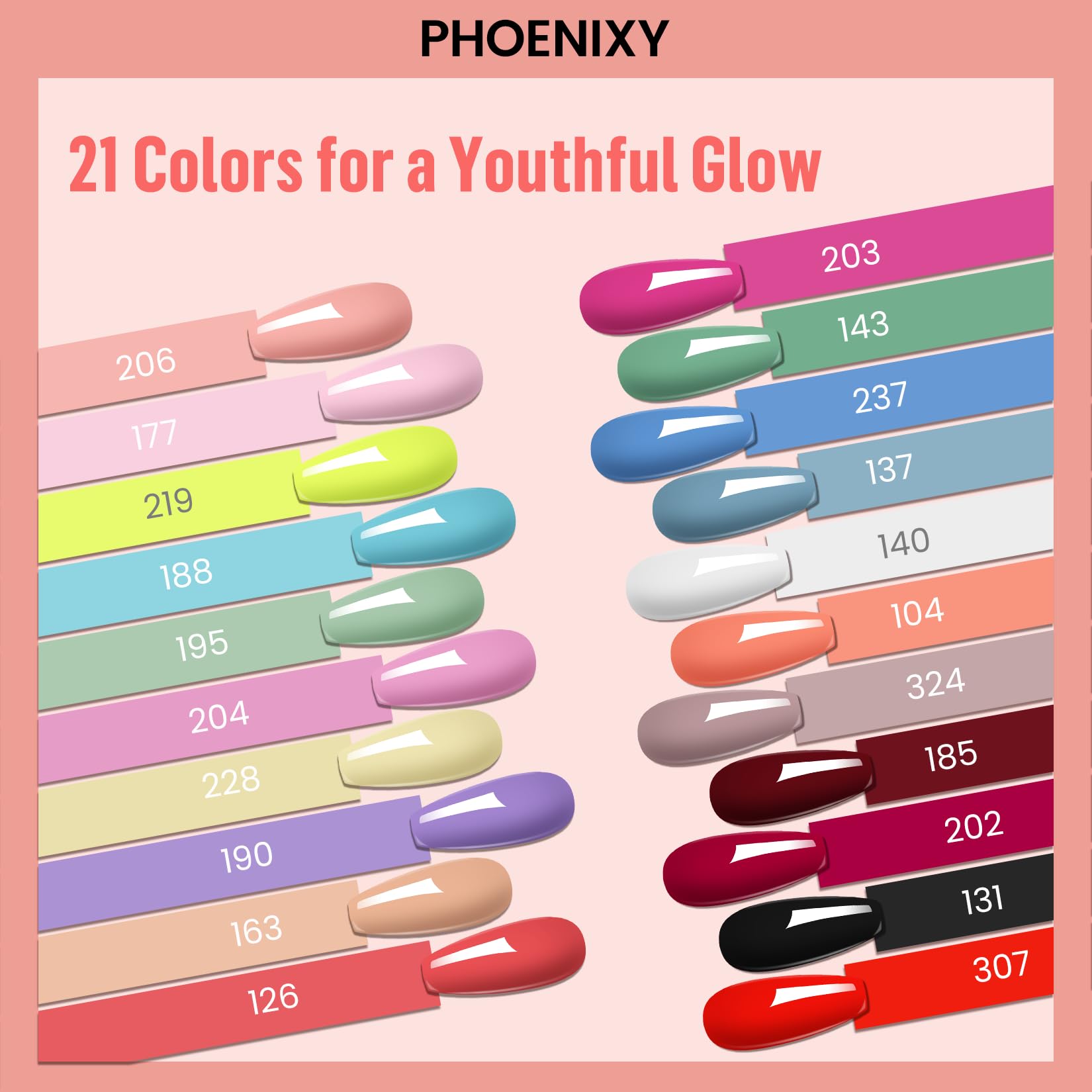 phoenixy color row display of 21 shades showcasing variety