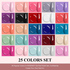 phoenixy colorful row of 25 gel polish bottles displaying shade variety