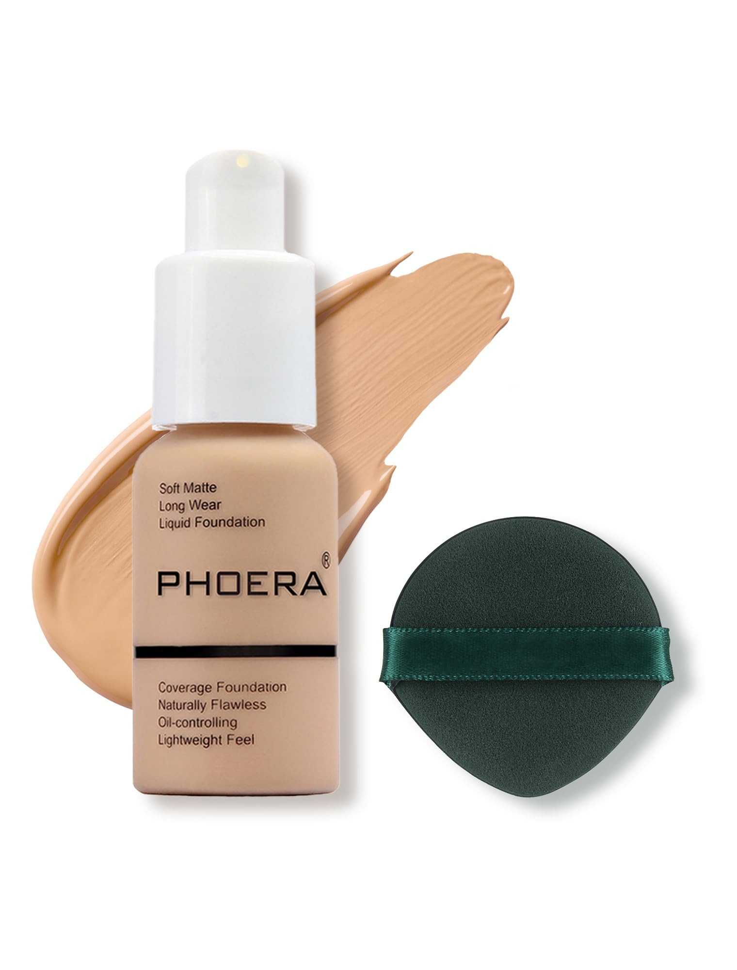PHOERA front bottle showing shade #104 Buff Beige and compact packaging benefit