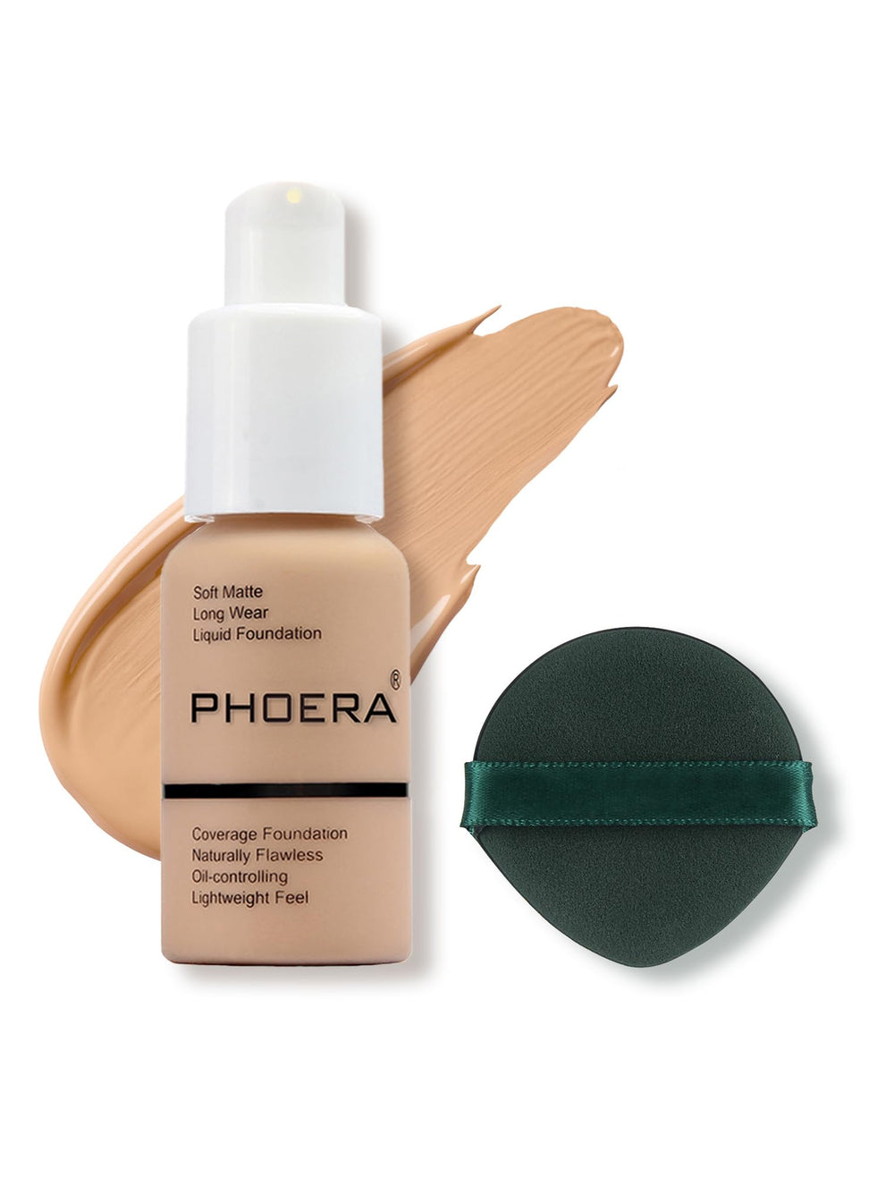 PHOERA front bottle showing shade #104 Buff Beige and compact packaging benefit