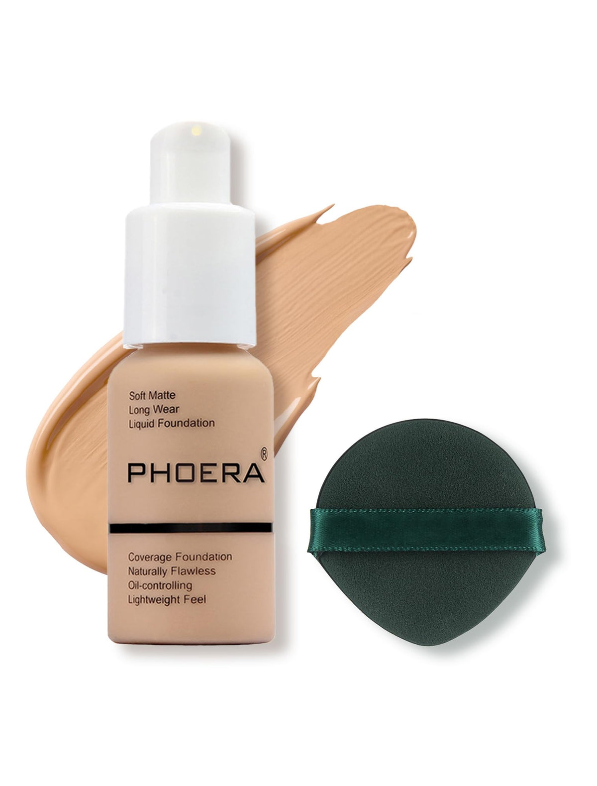 PHOERA front bottle showing shade #104 Buff Beige and compact packaging benefit