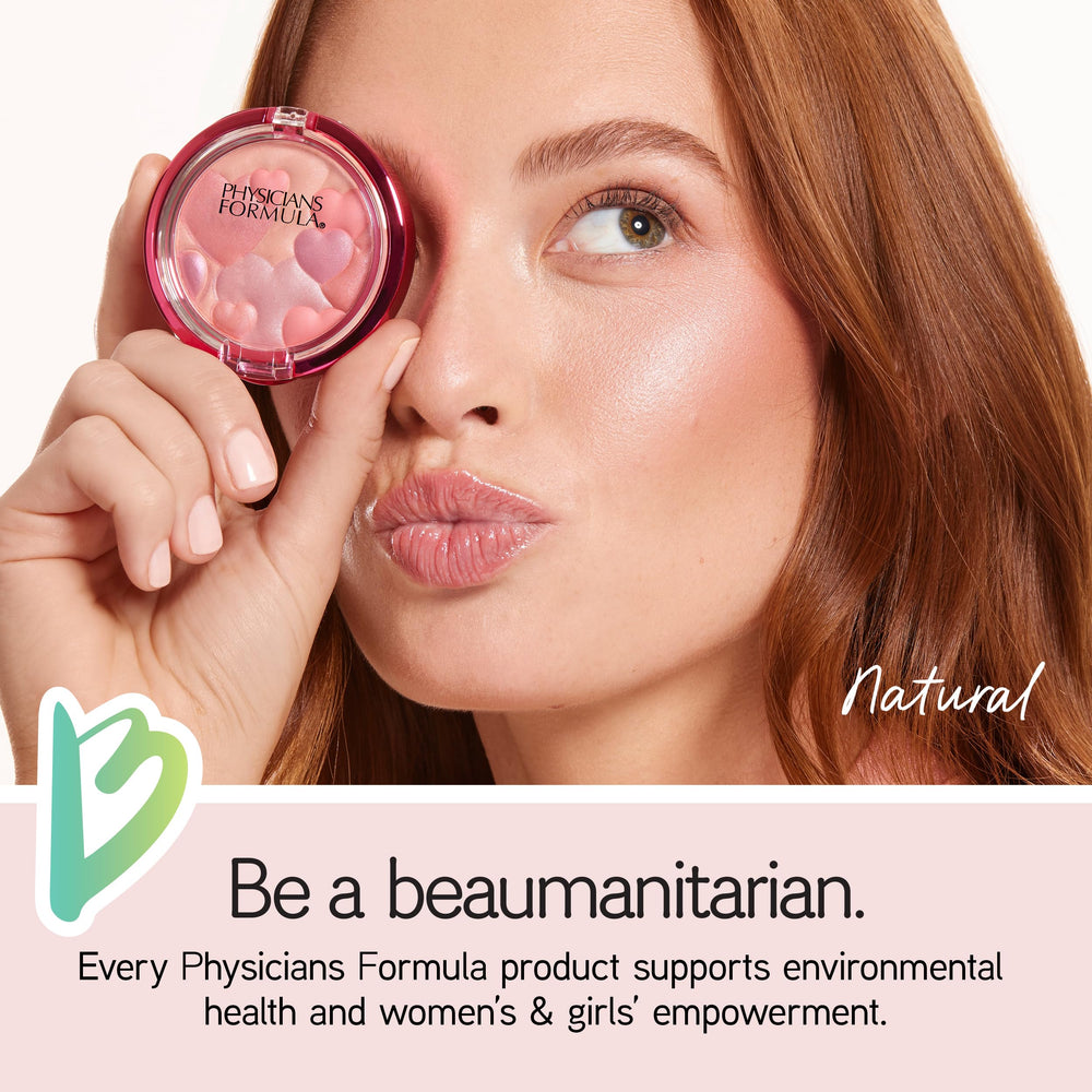 Physicians Formula blush on vanity with flowers showing joyful scented application benefit