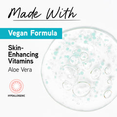 Physicians Formula bottle beside hyaluronic acid, vitamin E, aloe leaves display