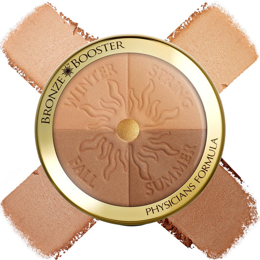 Physicians Formula Bronze Booster compact front view showing four bronzing shades and clear lid for easy selection and portability