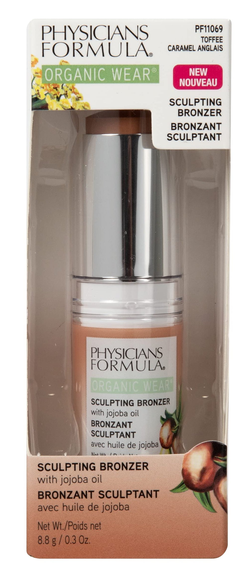 Physicians Formula bronzer stick closeup label listing botanical ingredients and benefits