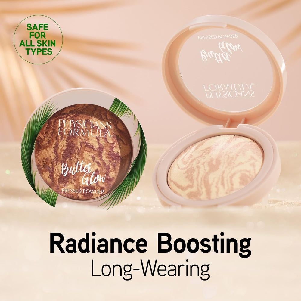 Physicians Formula open compact revealing pressed powder surface and mirror, useful for travel touch-ups