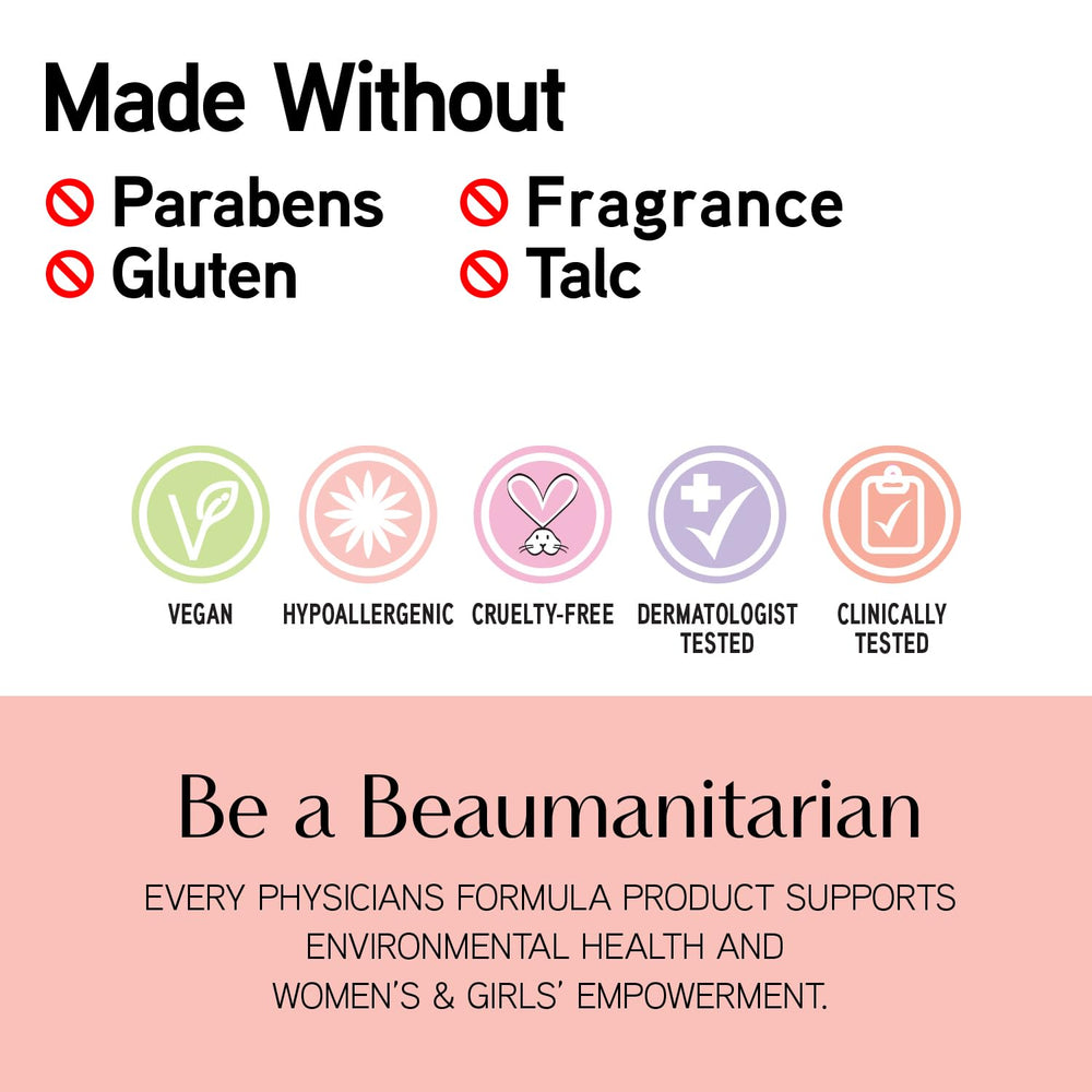 Physicians Formula ingredient label highlighting mineral and Vitamin E benefits for sensitive skin