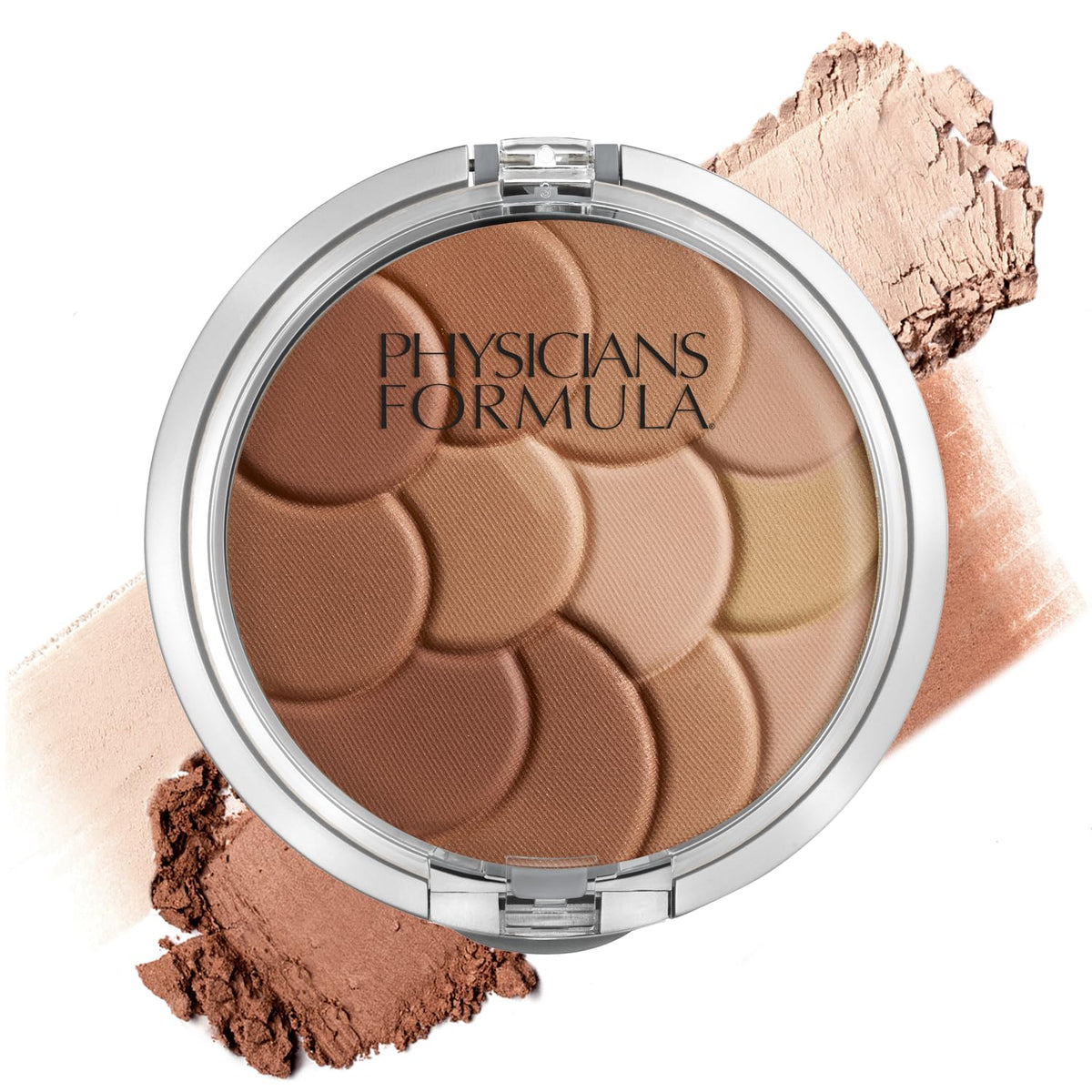 Physicians Formula compact front view showing mosaic tiles and travel-friendly benefit