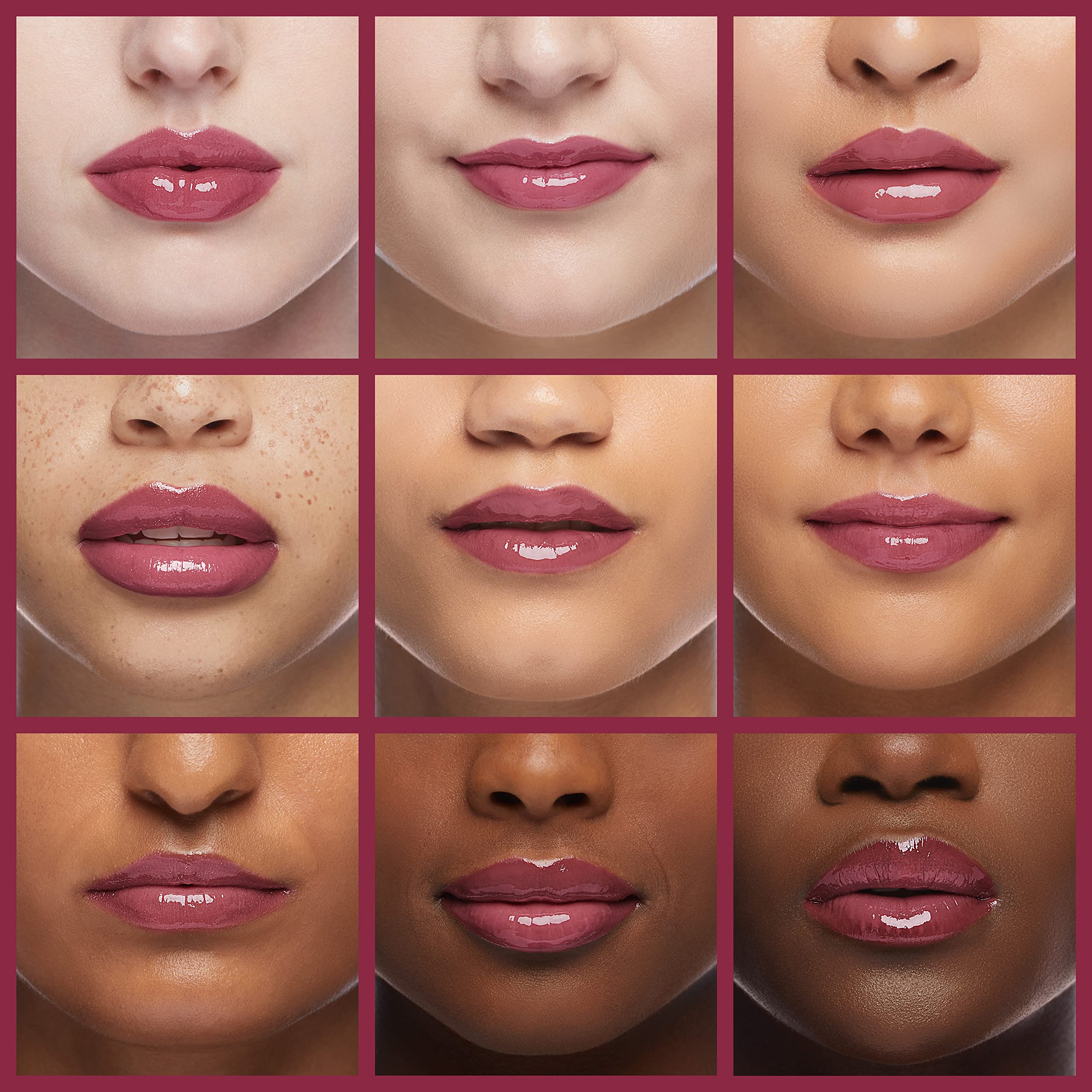 Physicians Formula gloss worn on lips illustrating hydrated, fuller-looking berry shine