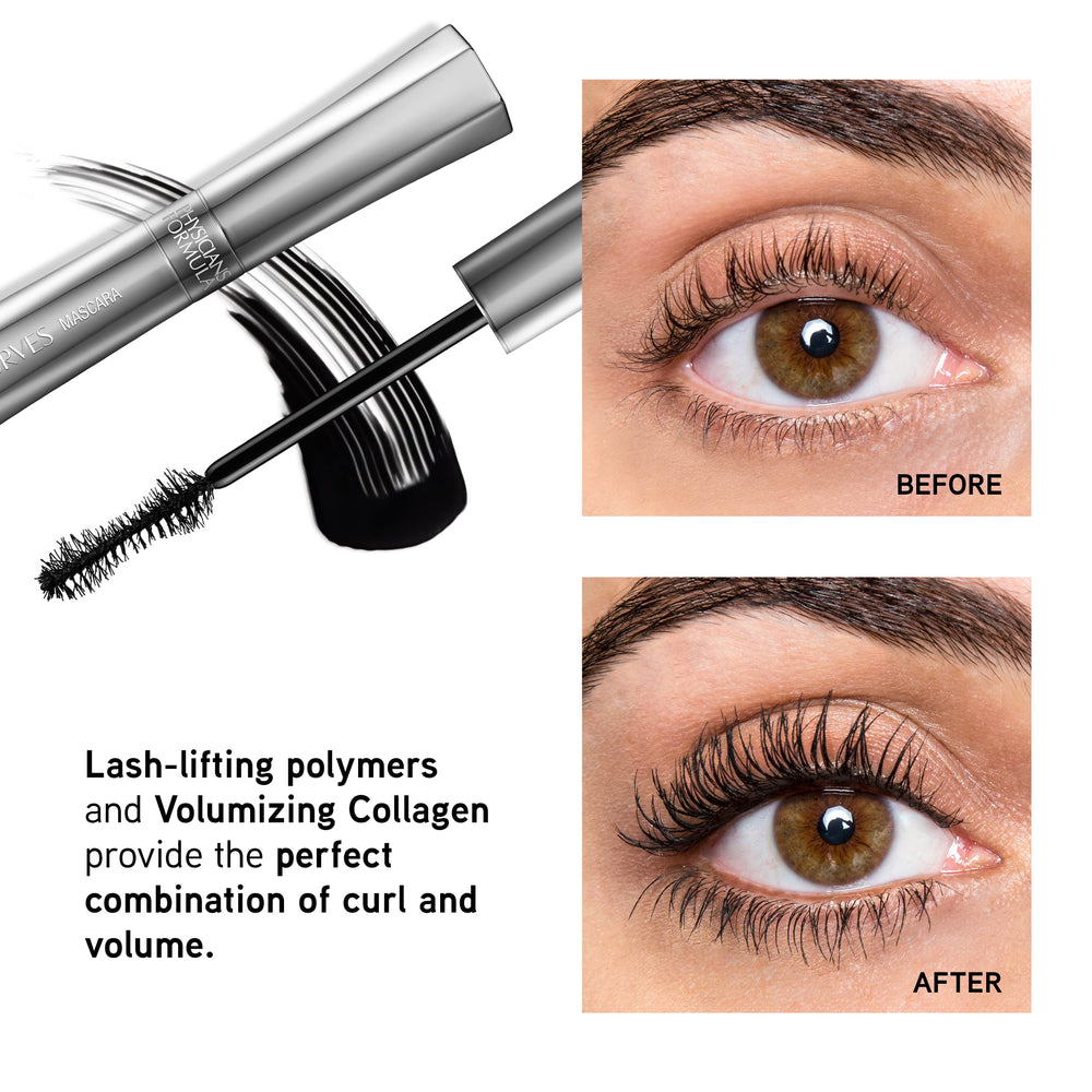 Physicians Formula close-up hourglass brush demonstrating reach and lift for full lashes