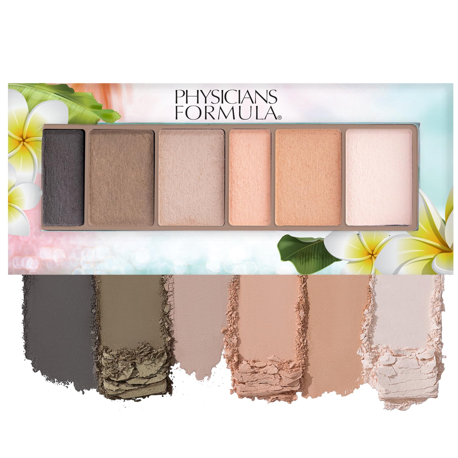 Physicians Formula palette front packaging showing six blushed nude mattes and logo benefit: gentle formulation