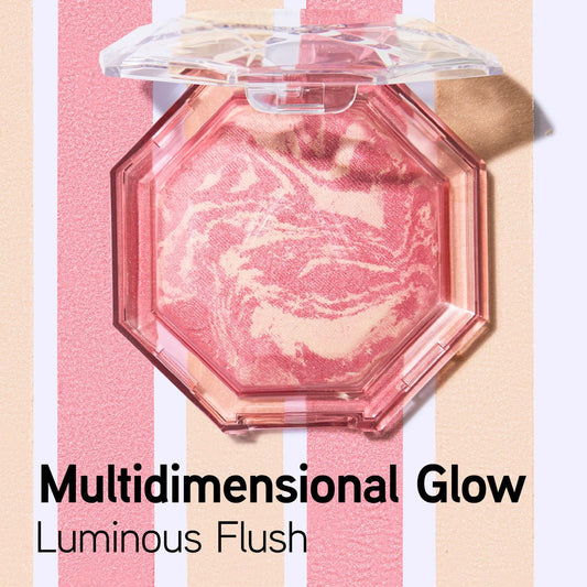 Physicians Formula close-up of baked blush pan revealing luminous particles for glow