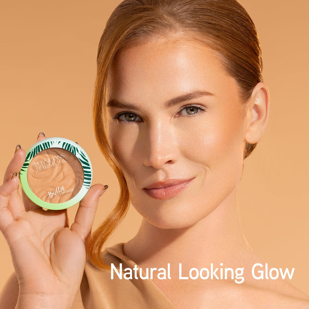Physicians Formula demonstrating bronzer application on cheeks for warm sculpted glow