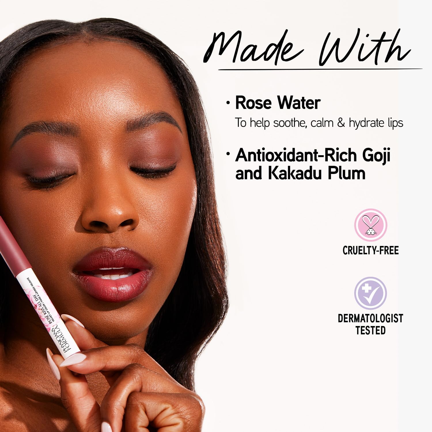 Physicians Formula close-up of lipstick texture on applicator, shows smooth glide benefit