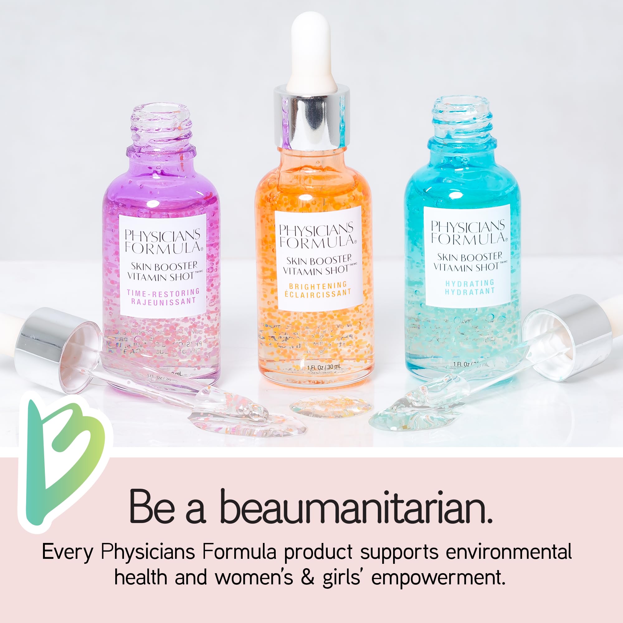 Physicians Formula serum next to coin for size comparison and travel-friendly benefit