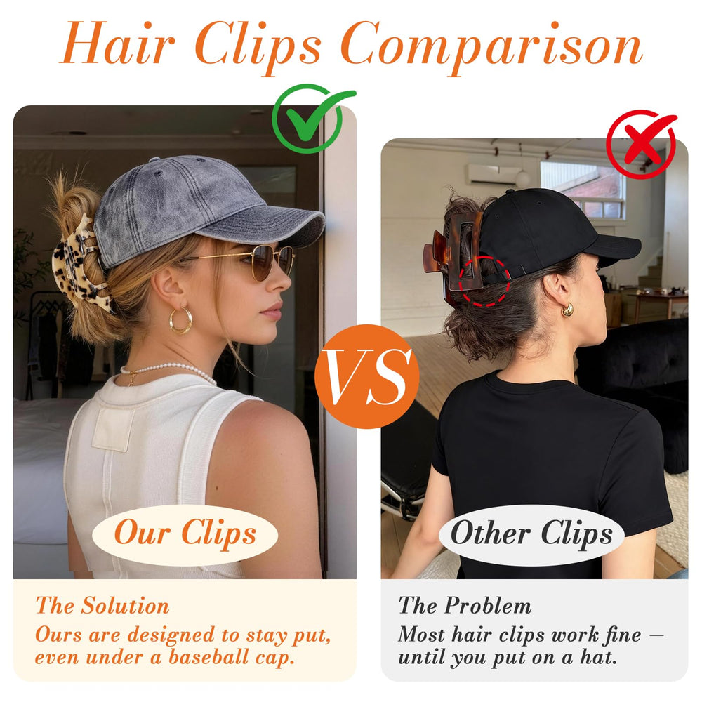 Phyzylvia clip in use with baseball cap securing hair without pressing the strap