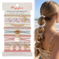 Phyzylvia front packaging showing gift box and ten hair ties, neat gift-ready storage benefit