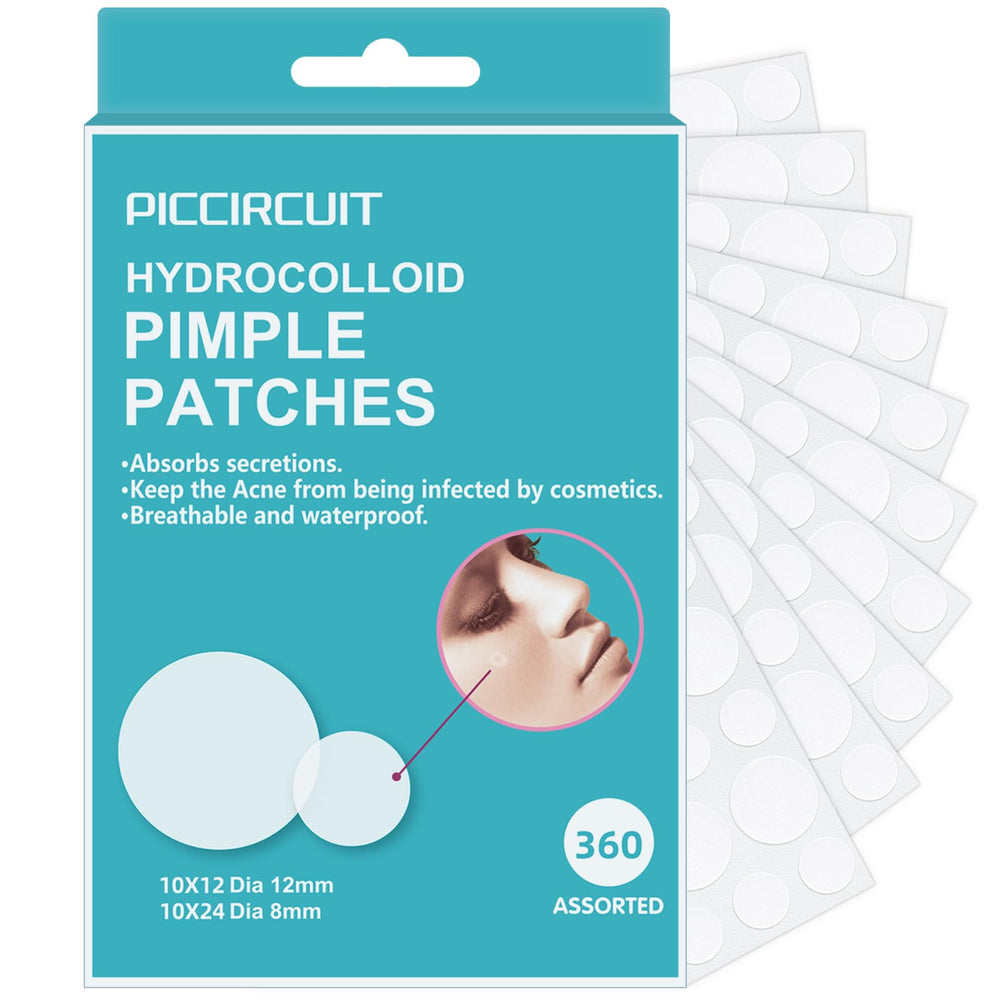 PICcircuit front packaging showing 360-count acne patch pack and label benefits