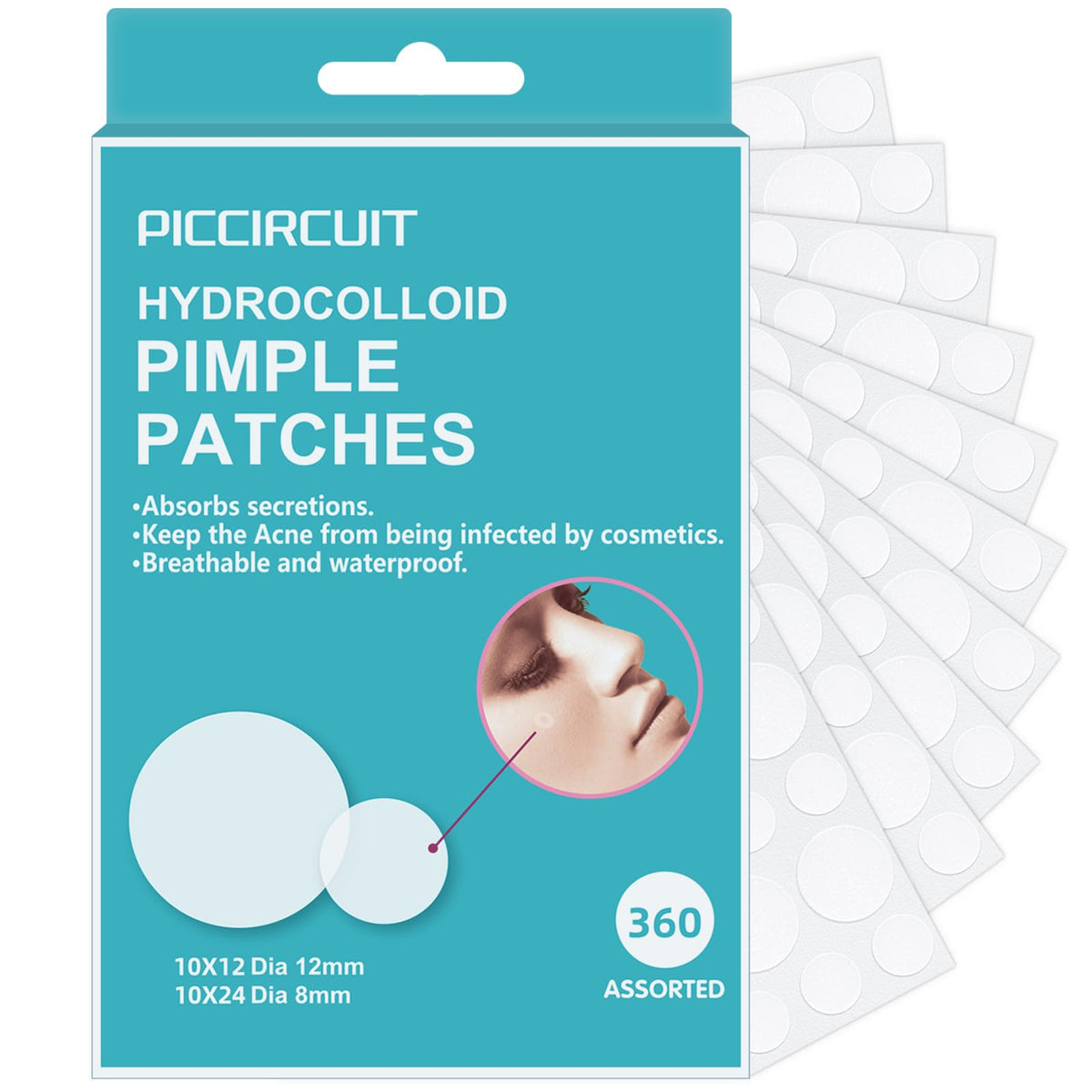 PICcircuit front packaging showing 360-count acne patch pack and label benefits