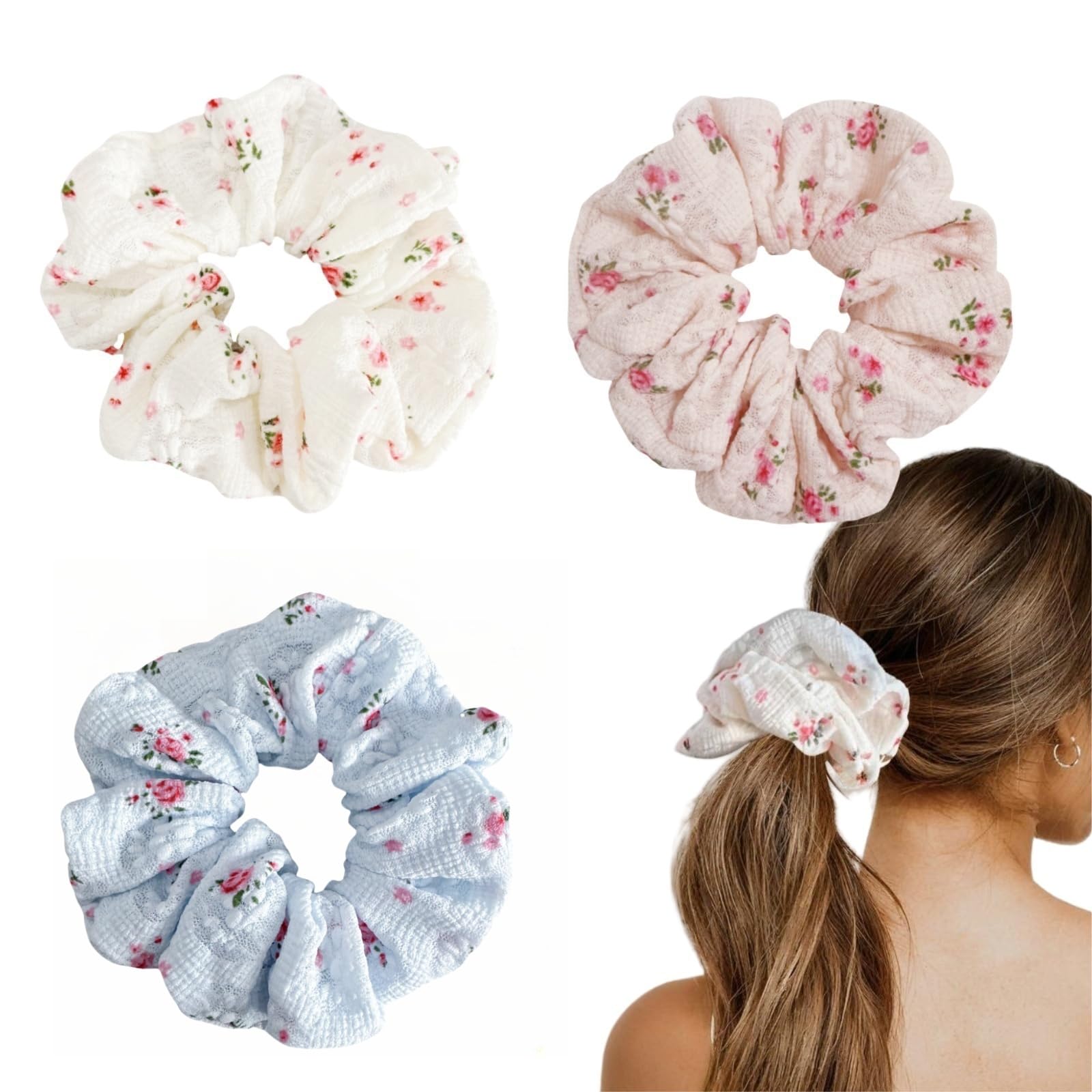 PIDOUDOU front view of three floral scrunchies showing colors and packaging, stylish gift