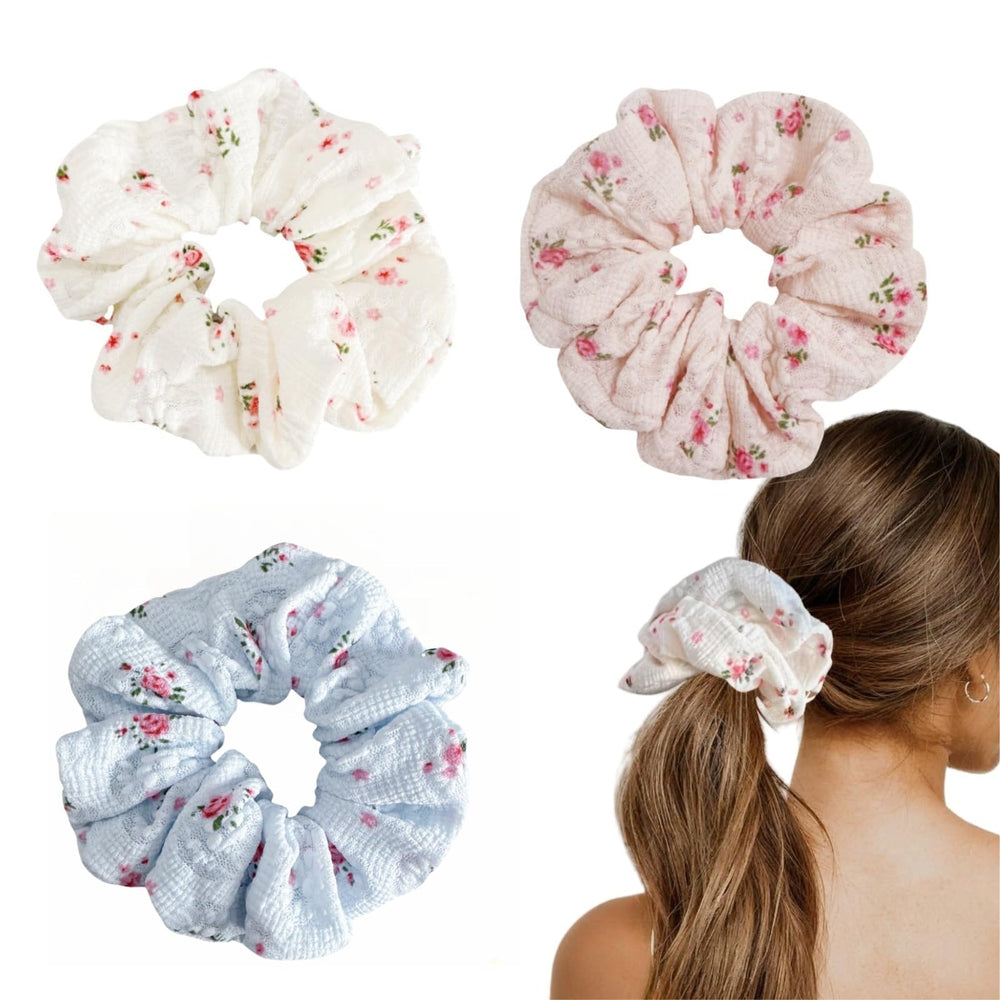 PIDOUDOU front view of three floral scrunchies showing colors and packaging, stylish gift