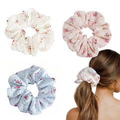 PIDOUDOU front view of three floral scrunchies showing colors and packaging, stylish gift