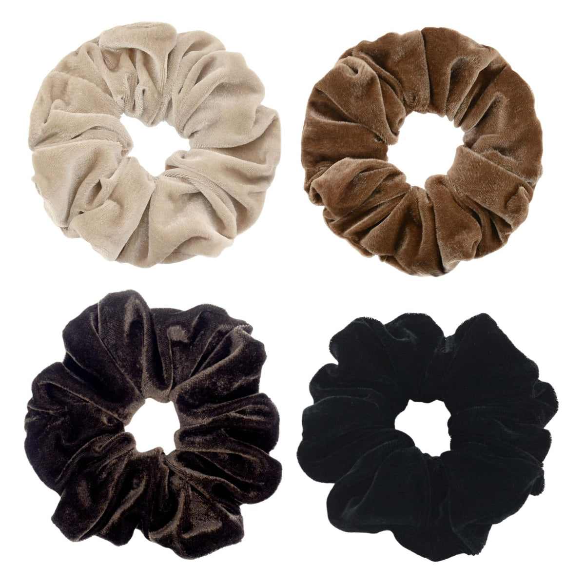 PIDOUDOU front view of four neutral scrunchies showing colors and pack benefit