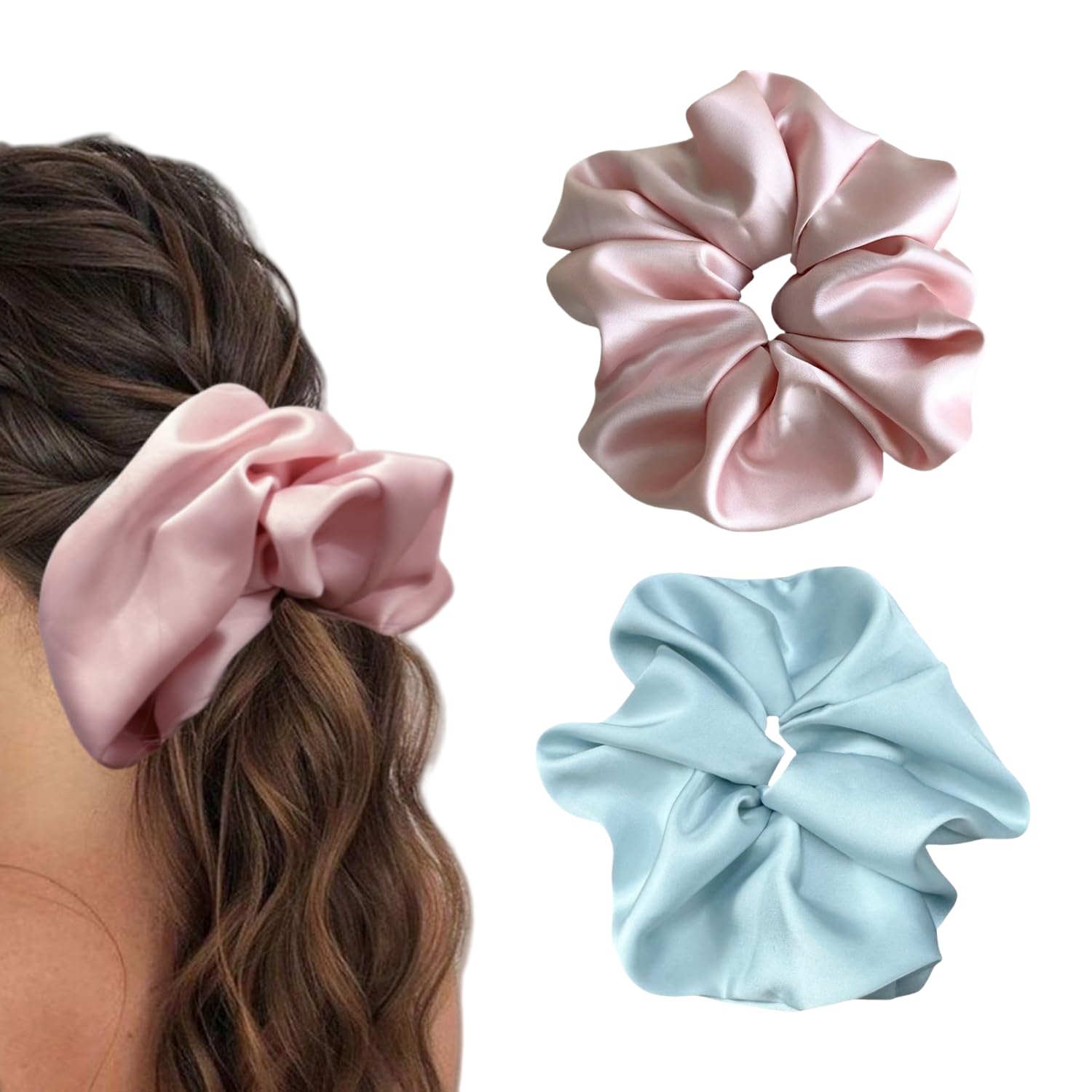 PIDOUDOU front view of pink and blue jumbo scrunchies showing colors and packaging benefit