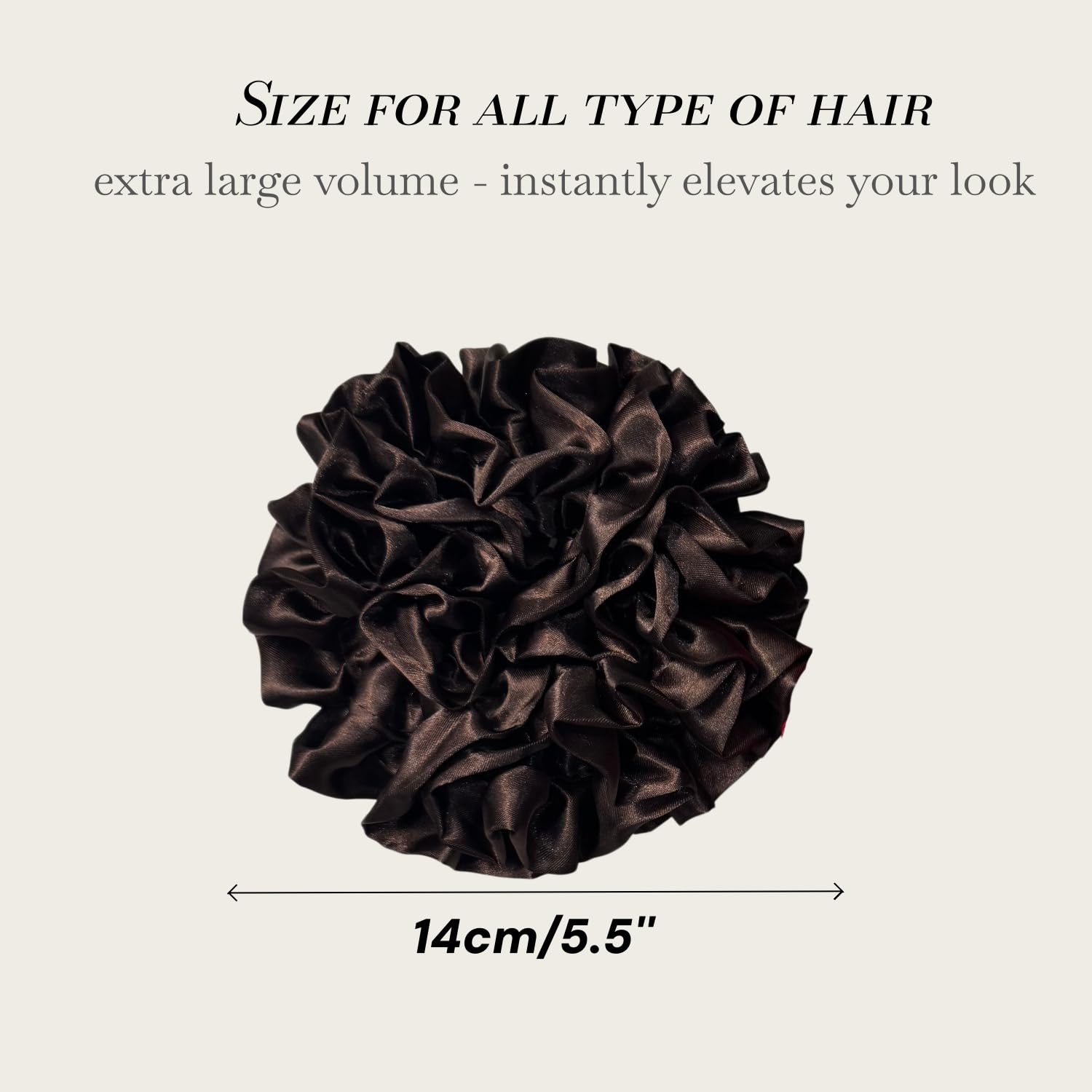PIDOUDOU scrunchie next to hand shows scale and generous 5.5-inch width benefit