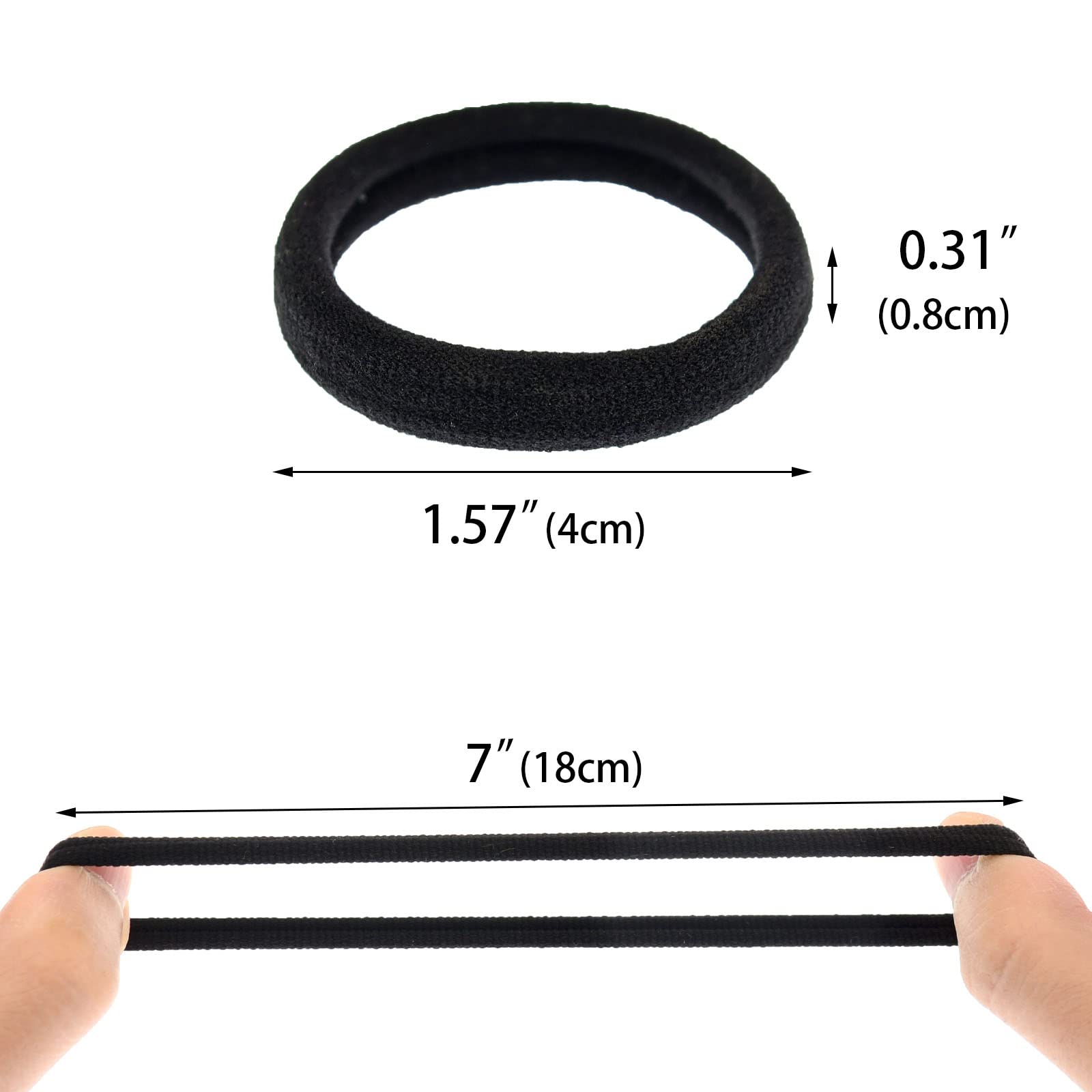PIDOUDOU hair tie beside ruler showing dimensions and stretch capacity