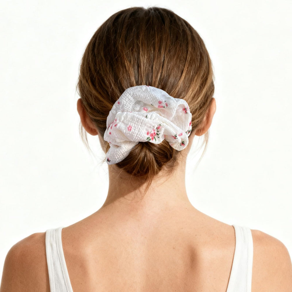 PIDOUDOU trio flat lay showing white pink blue scrunchies for outfit matching