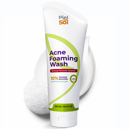Piel del Sol front packaging showing acne foaming wash and benefits