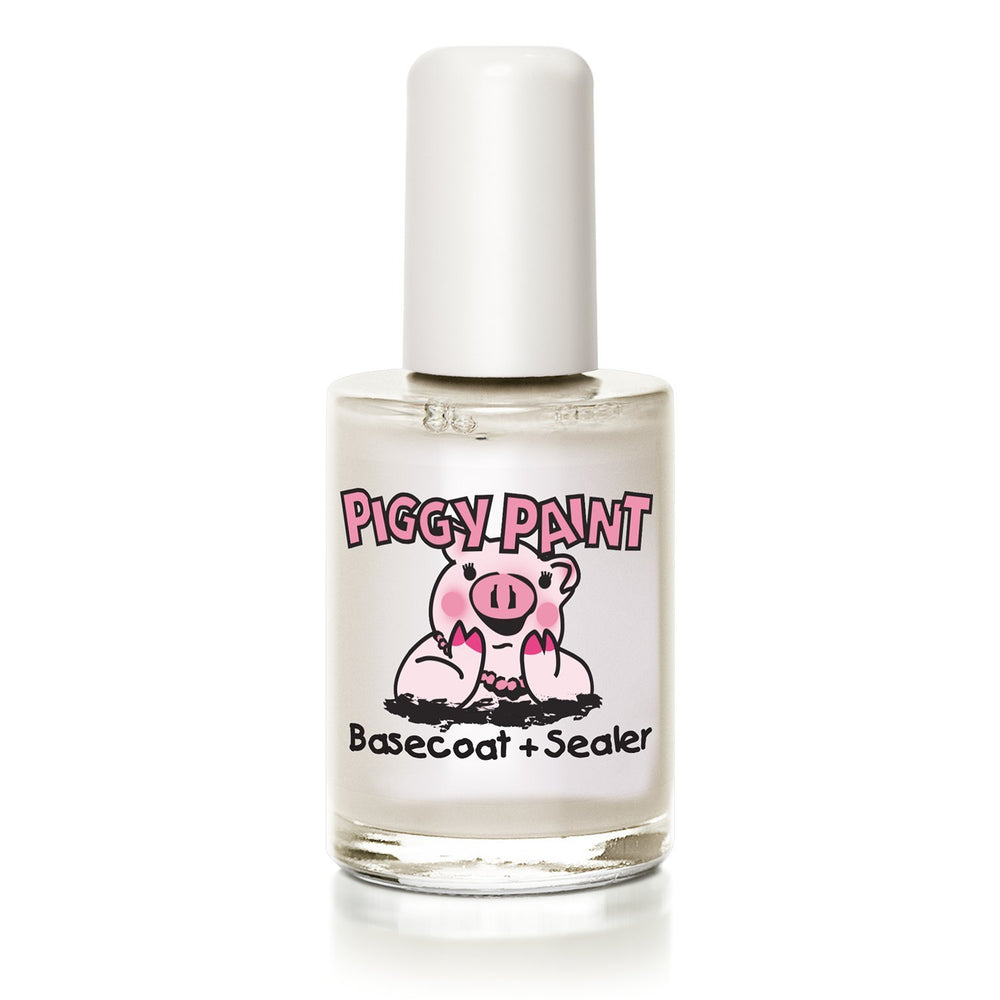 Piggy Paint base coat front bottle showing product and kid-safe benefit