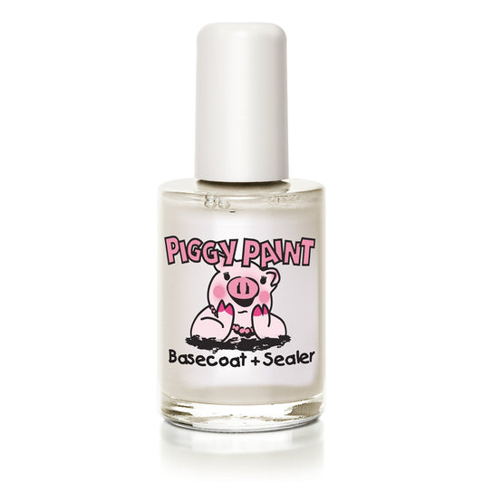 Piggy Paint base coat front bottle showing product and kid-safe benefit