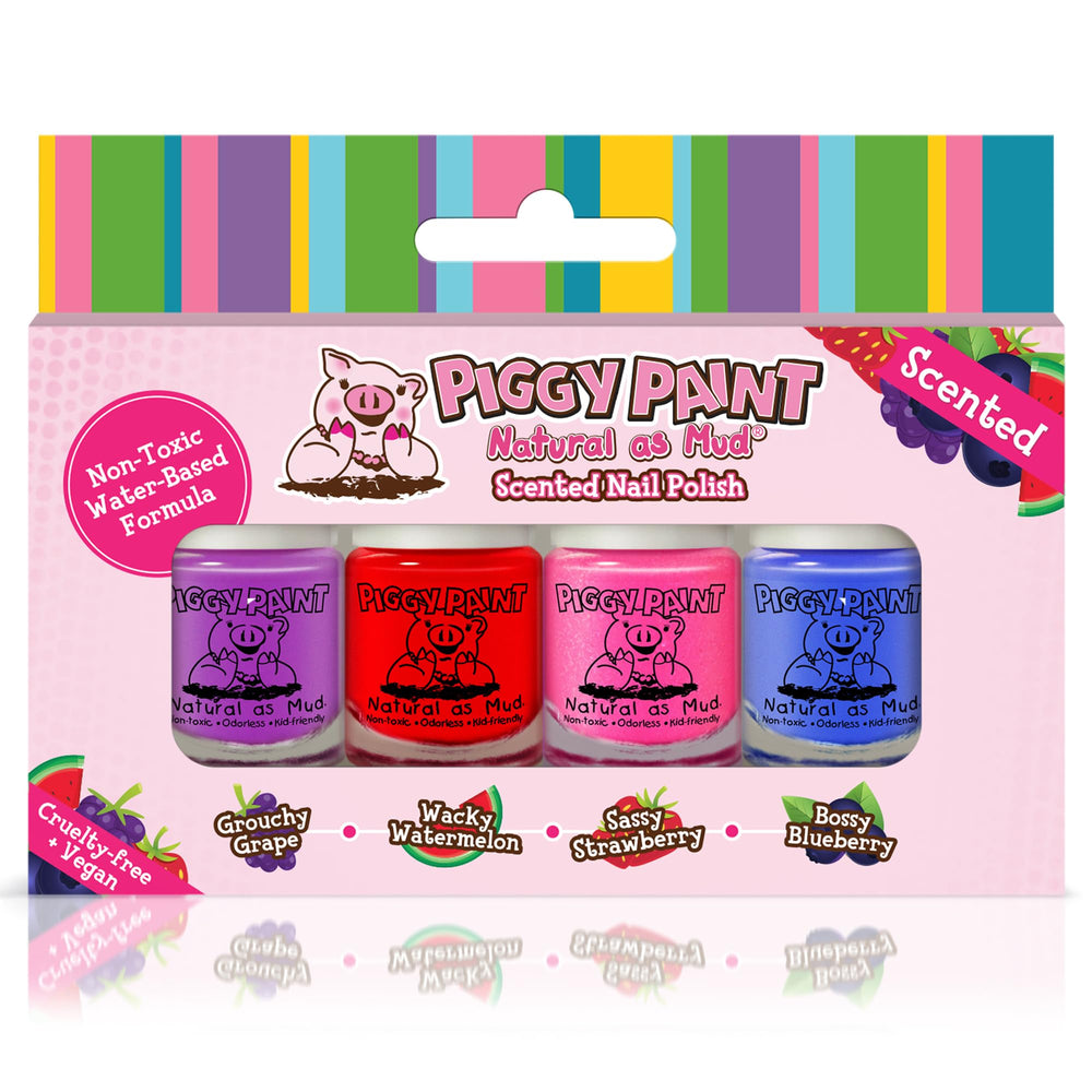 Piggy Paint front packaging with four bottles showing bright colors and safe formula benefits