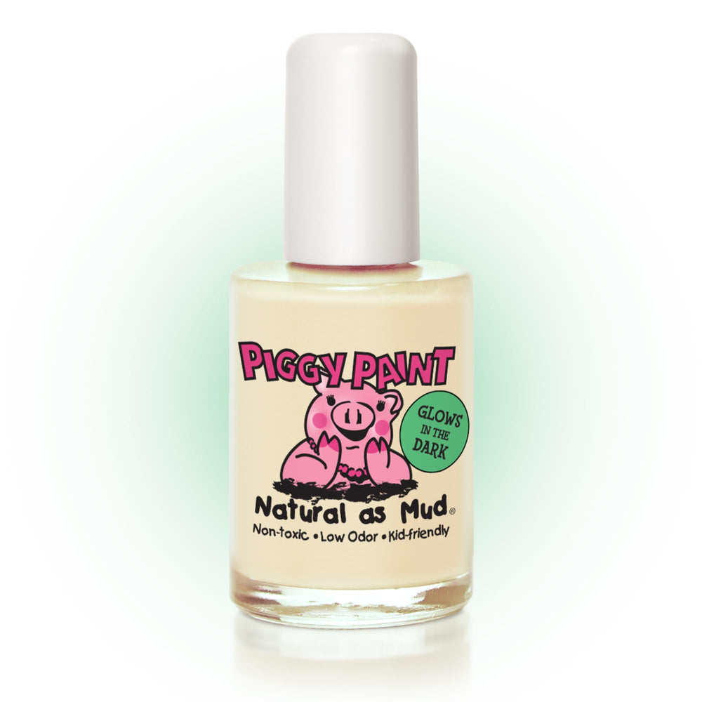 Piggy Paint Radioactive front bottle showing clear glow polish benefit