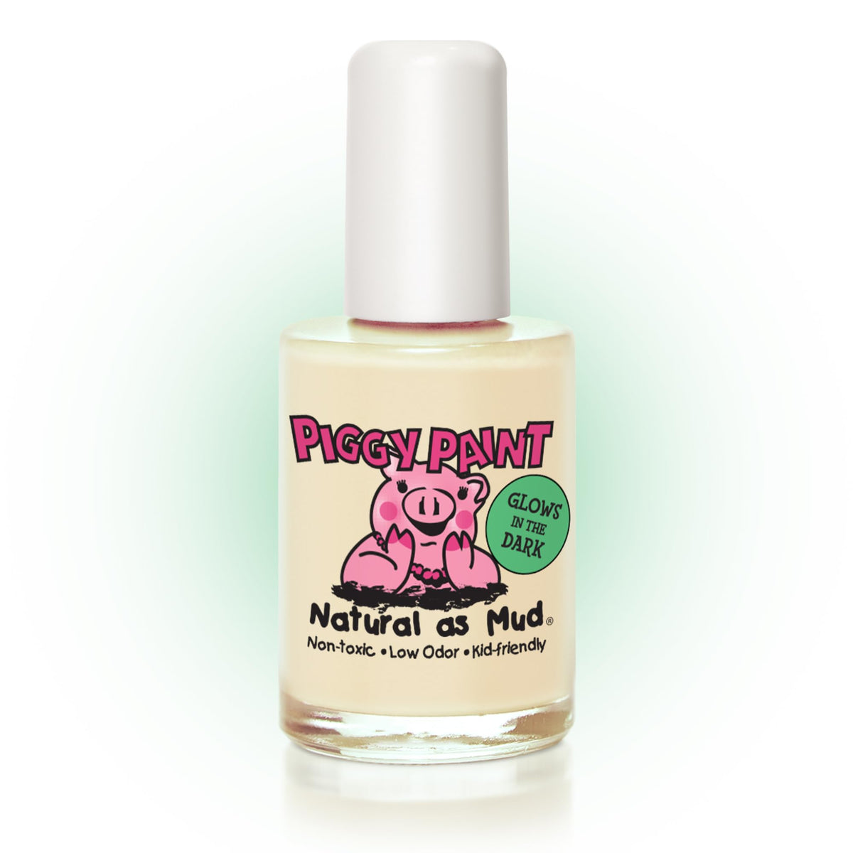 Piggy Paint Radioactive front bottle showing clear glow polish benefit