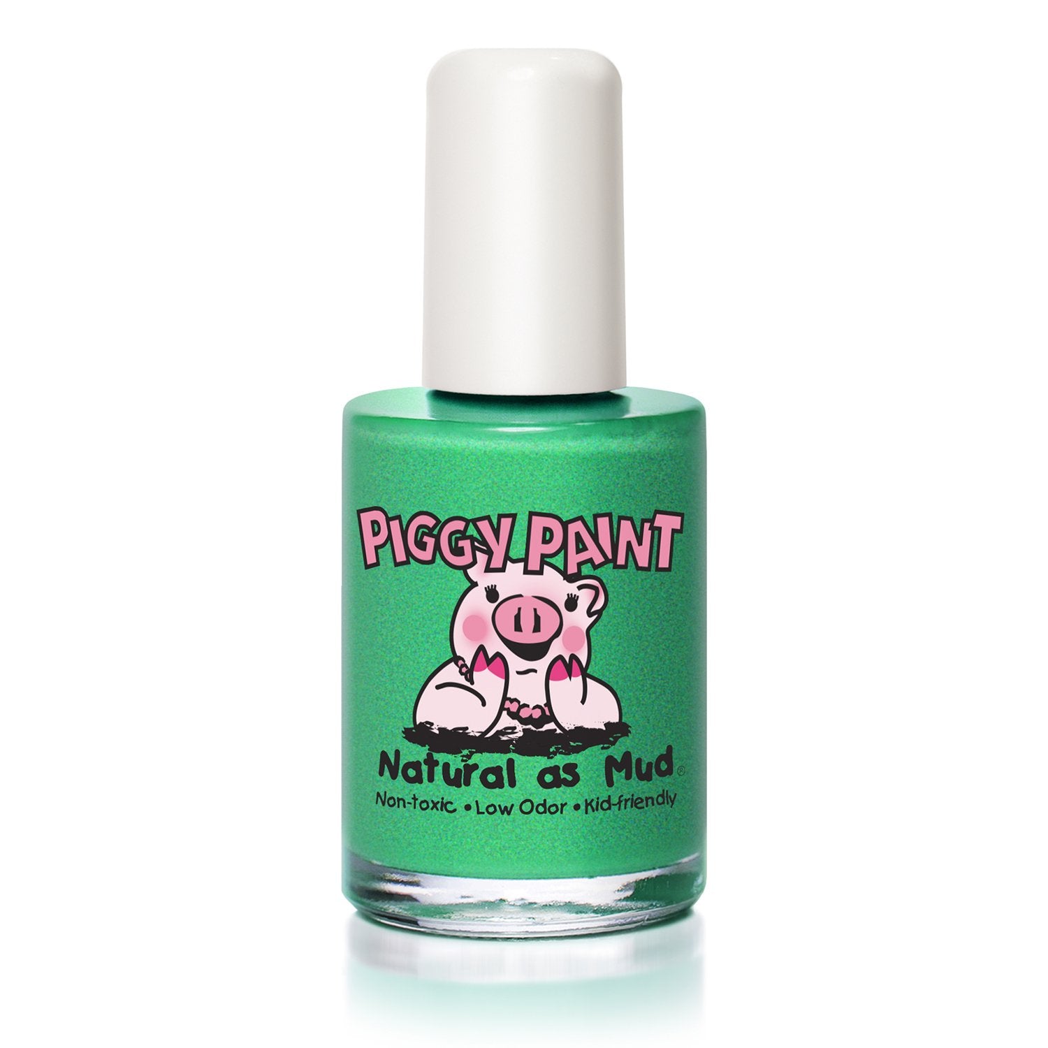 Piggy Paint bottle front view showing shimmer green and kid-safe formula benefits