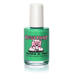 Piggy Paint bottle front view showing shimmer green and kid-safe formula benefits