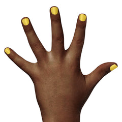 Children's fingertips painted with Piggy Paint sunshine yellow showing durable, playful look