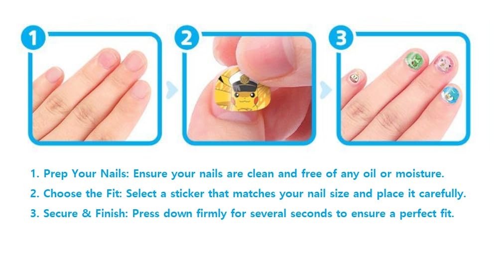 Pikachu stickers with ruler showing sheet size and fit for nails