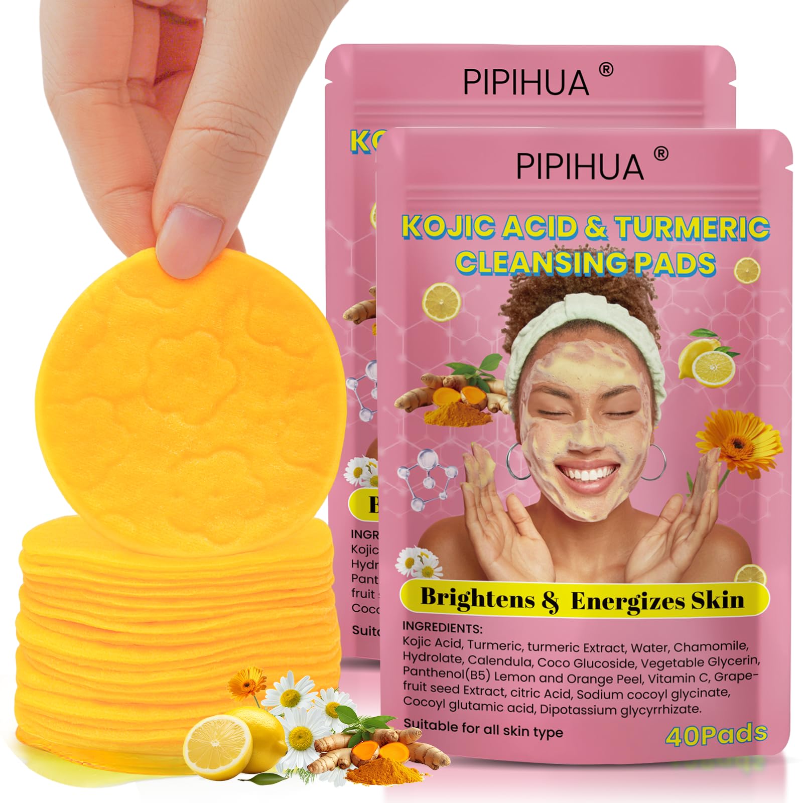 PIPIHUA front packaging showing 80 turmeric kojic acid cleansing pads and benefits