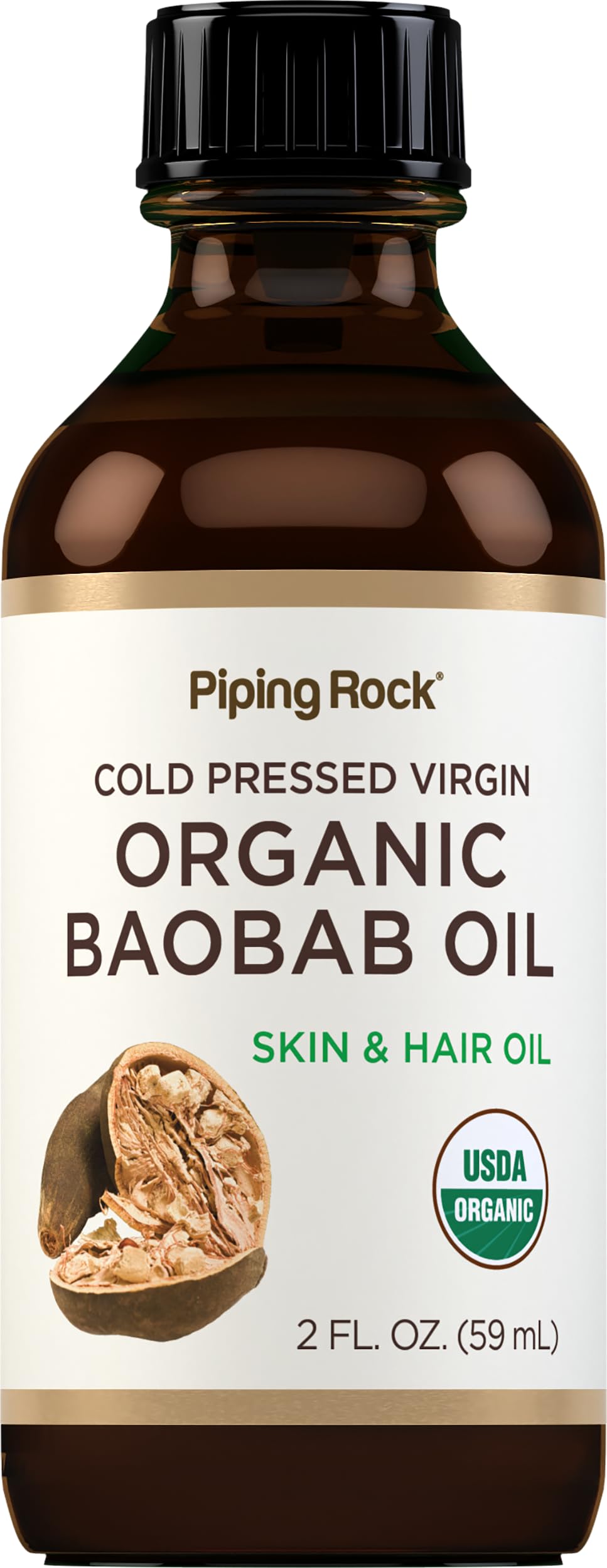 Piping Rock baobab oil front bottle shows organic labeling and size