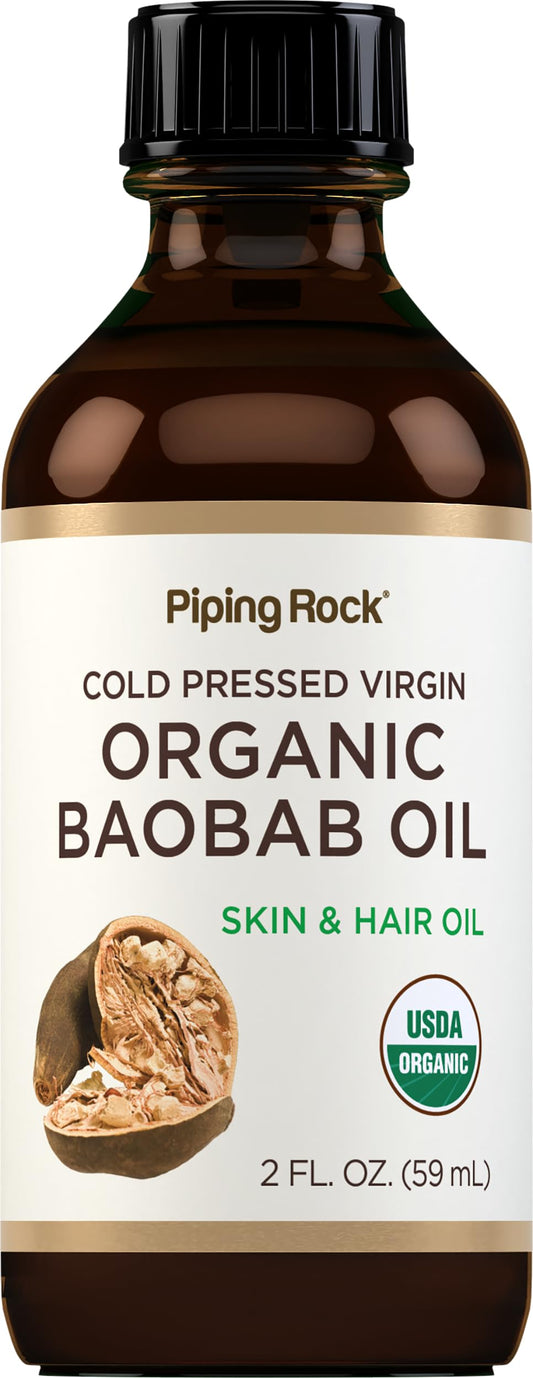 Piping Rock baobab oil front bottle shows organic labeling and size