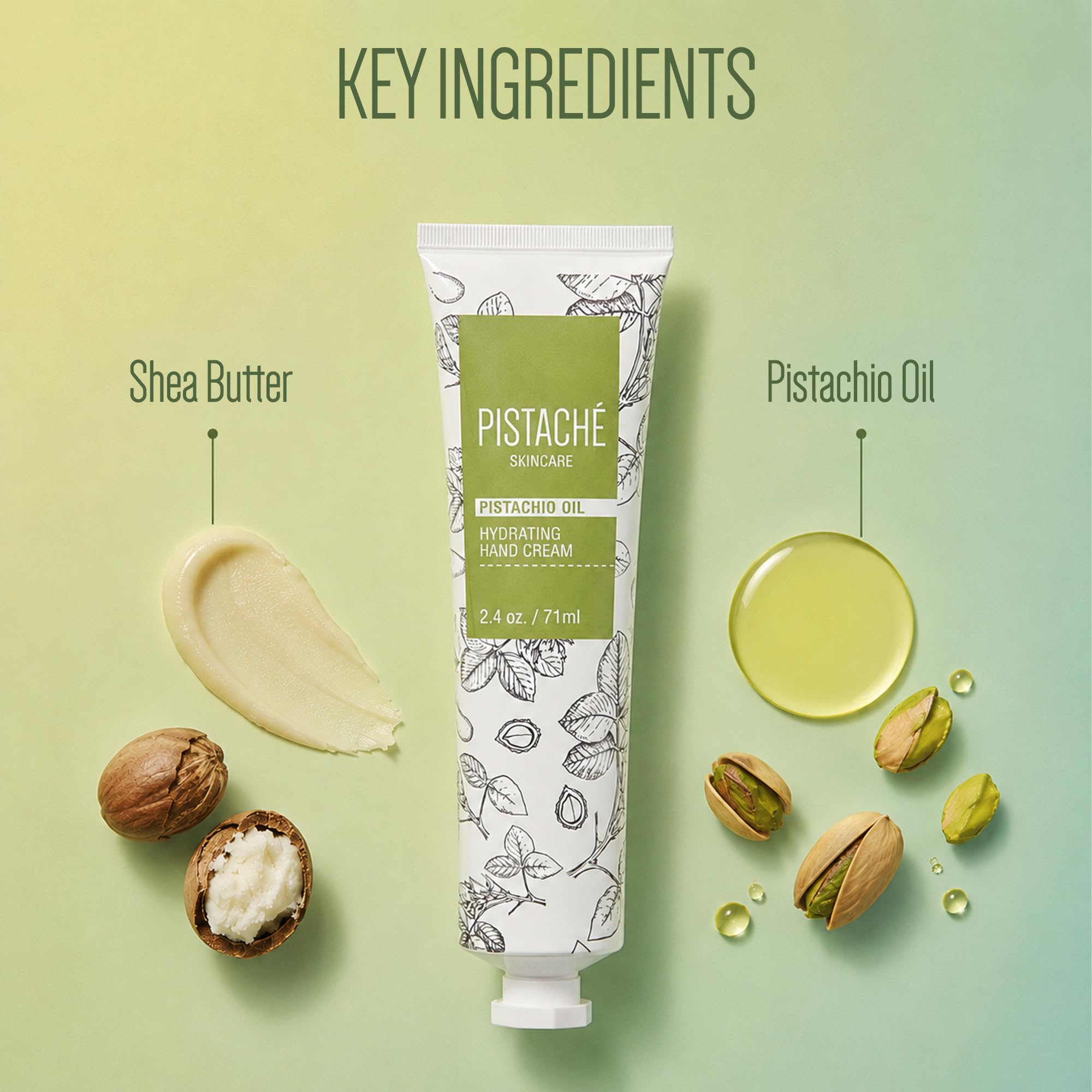Pistaché Skincare being massaged into hands to hydrate and restore skin