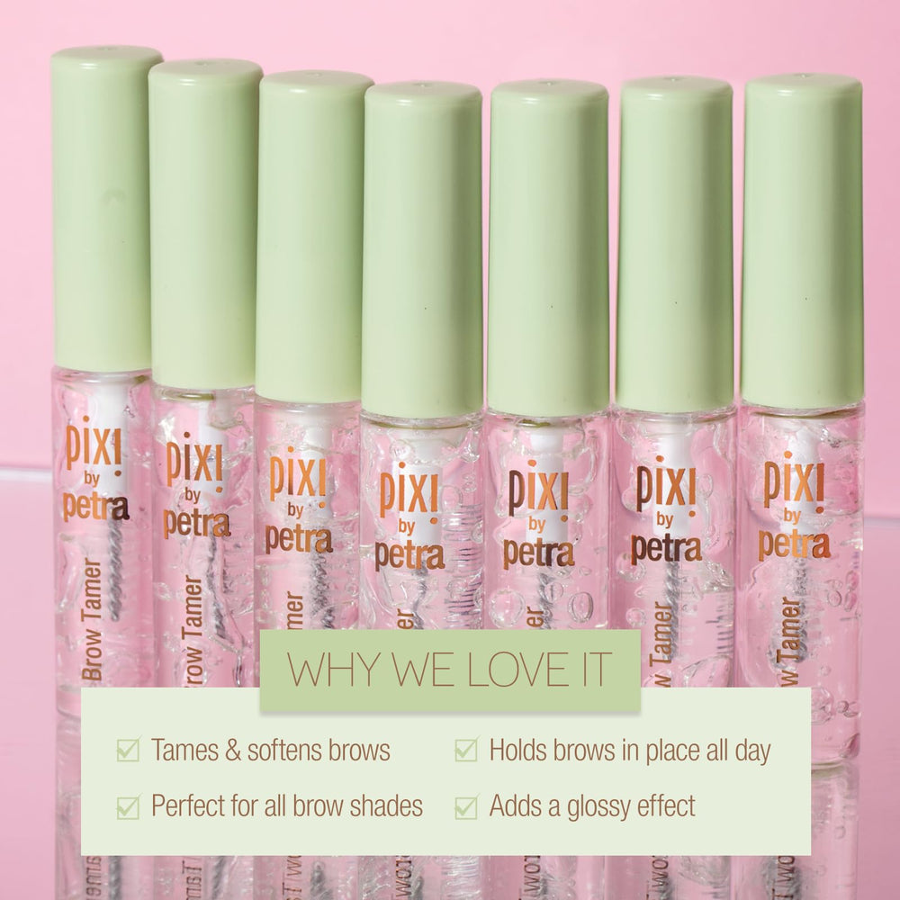 Pixi Brow Tamer on vanity with tools showing quick styling benefit