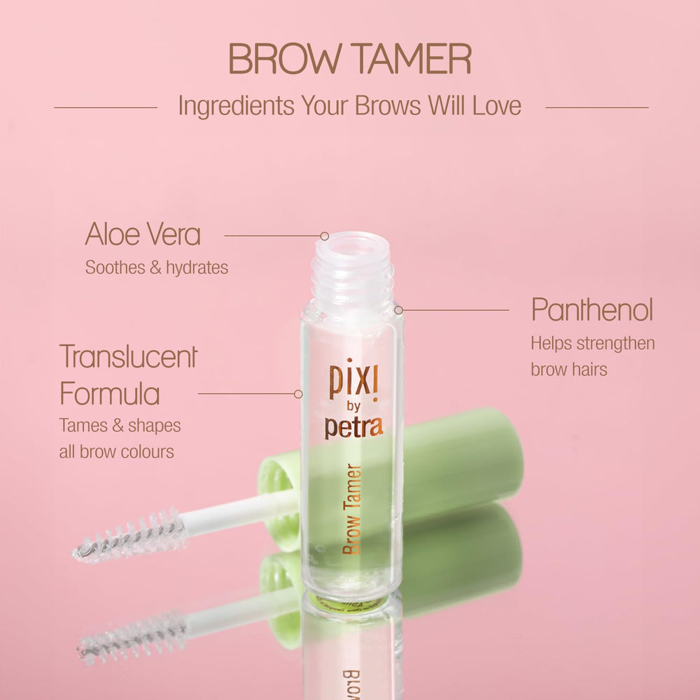 Pixi Brow Tamer clear gel on finger showing smooth texture benefit