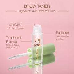 Pixi Brow Tamer clear gel on finger showing smooth texture benefit