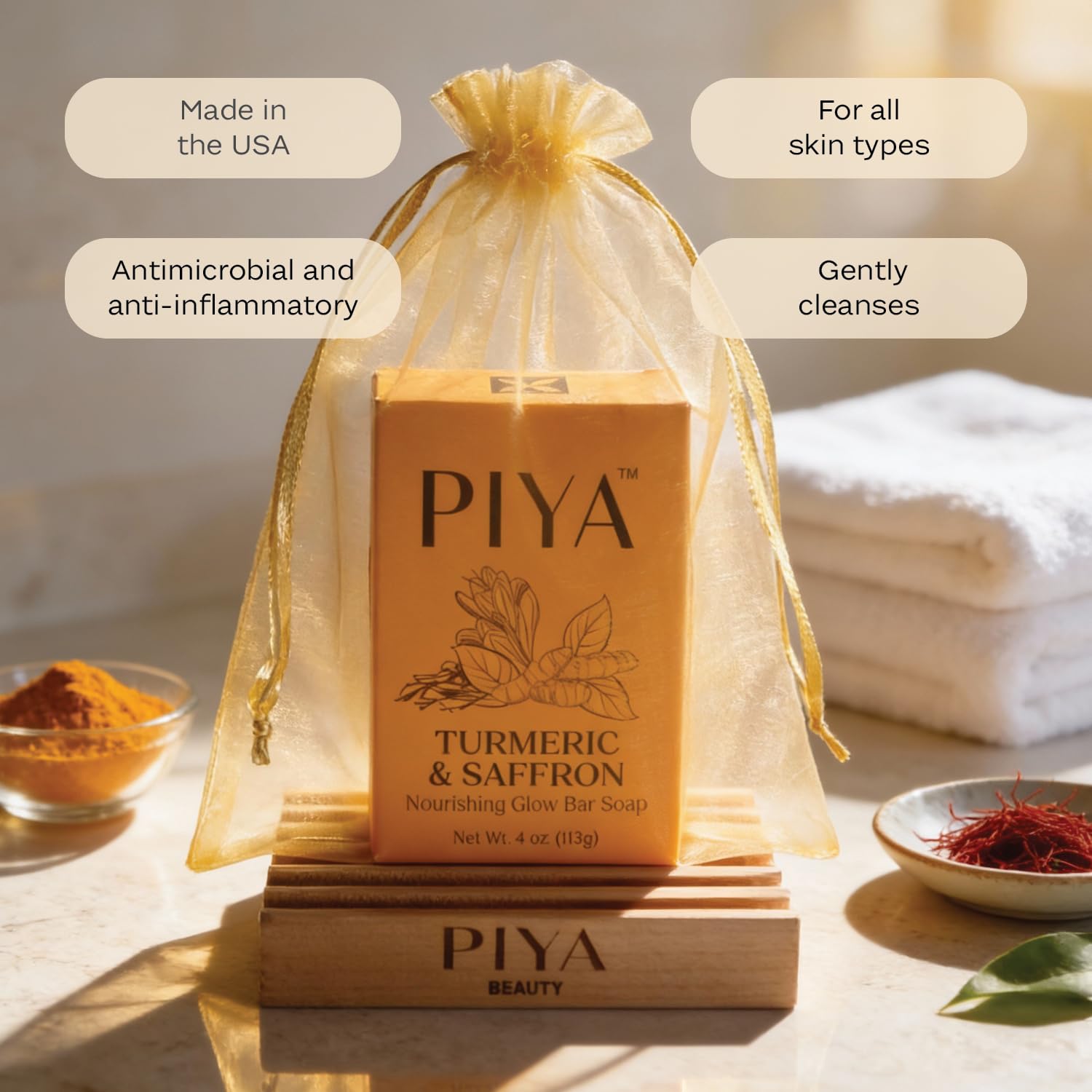 Piya close-up of soap texture with turmeric specks enhancing radiance