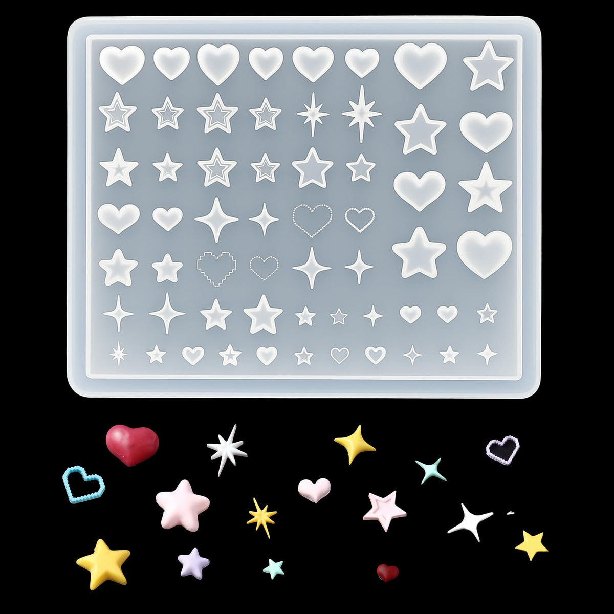 Pizadix front view mold showing hearts and stars, helps create matching nail pieces